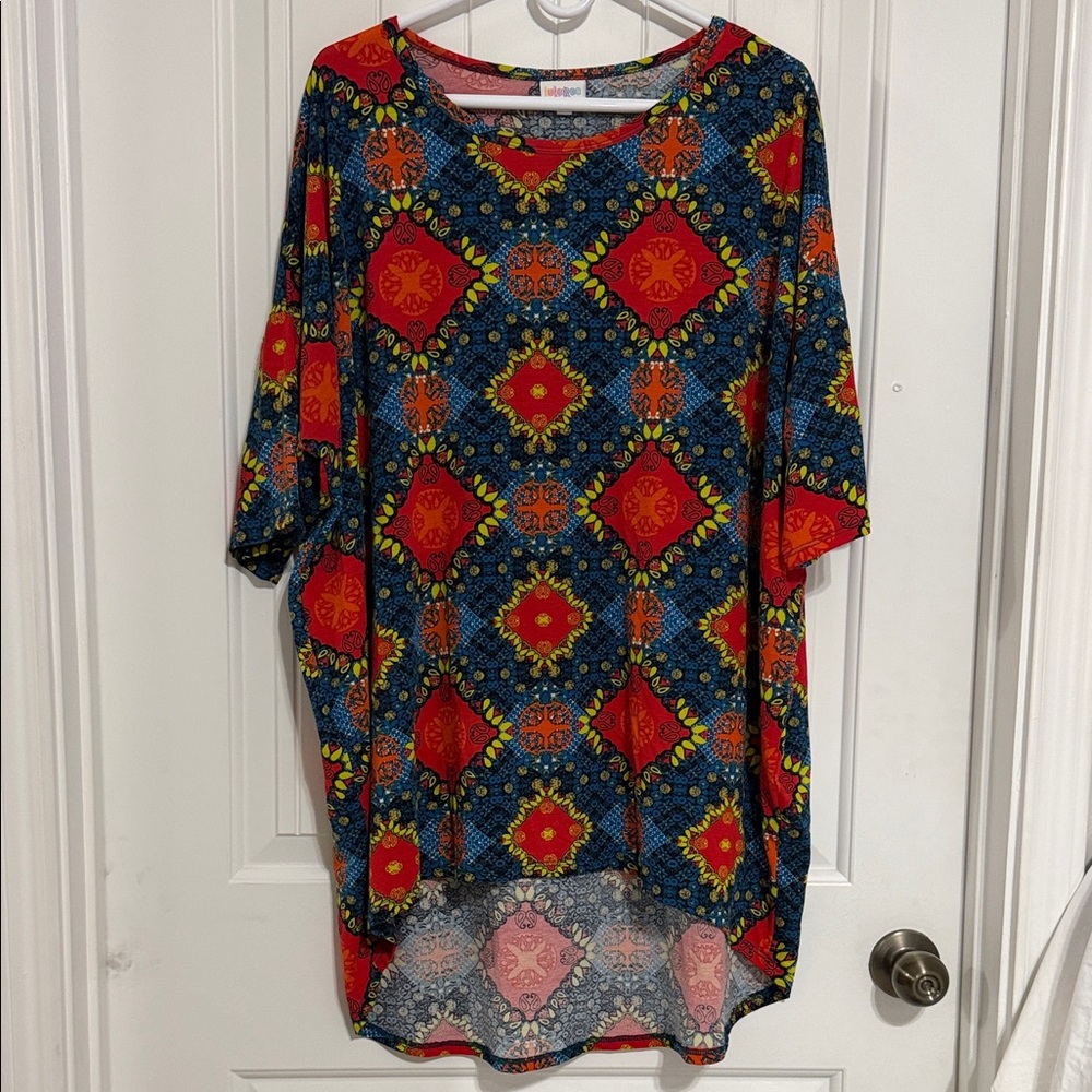 LuLaRoe Blue Multi Diamond Print Dress with Red & Yellow Accents